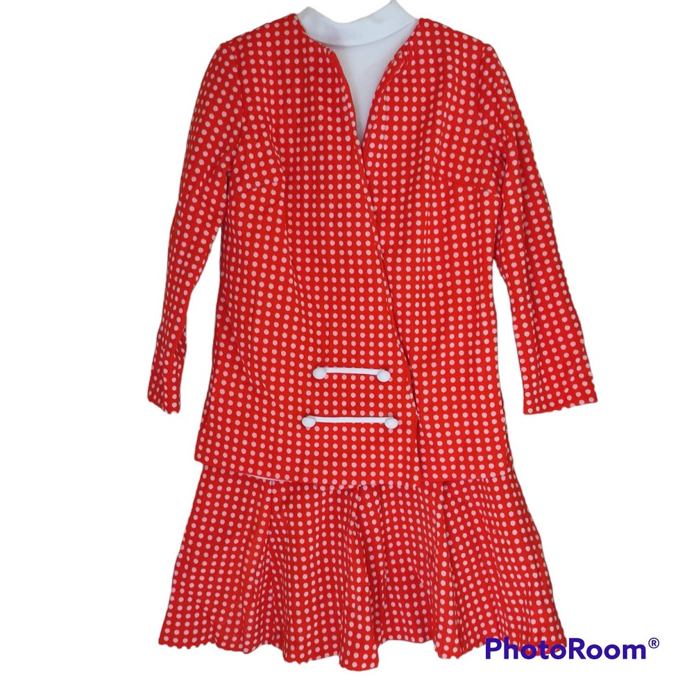 Vintage 70s Julie Miller High Neck Drop Waist 2 PC Polka Dot Dress Suit (REPAIR)